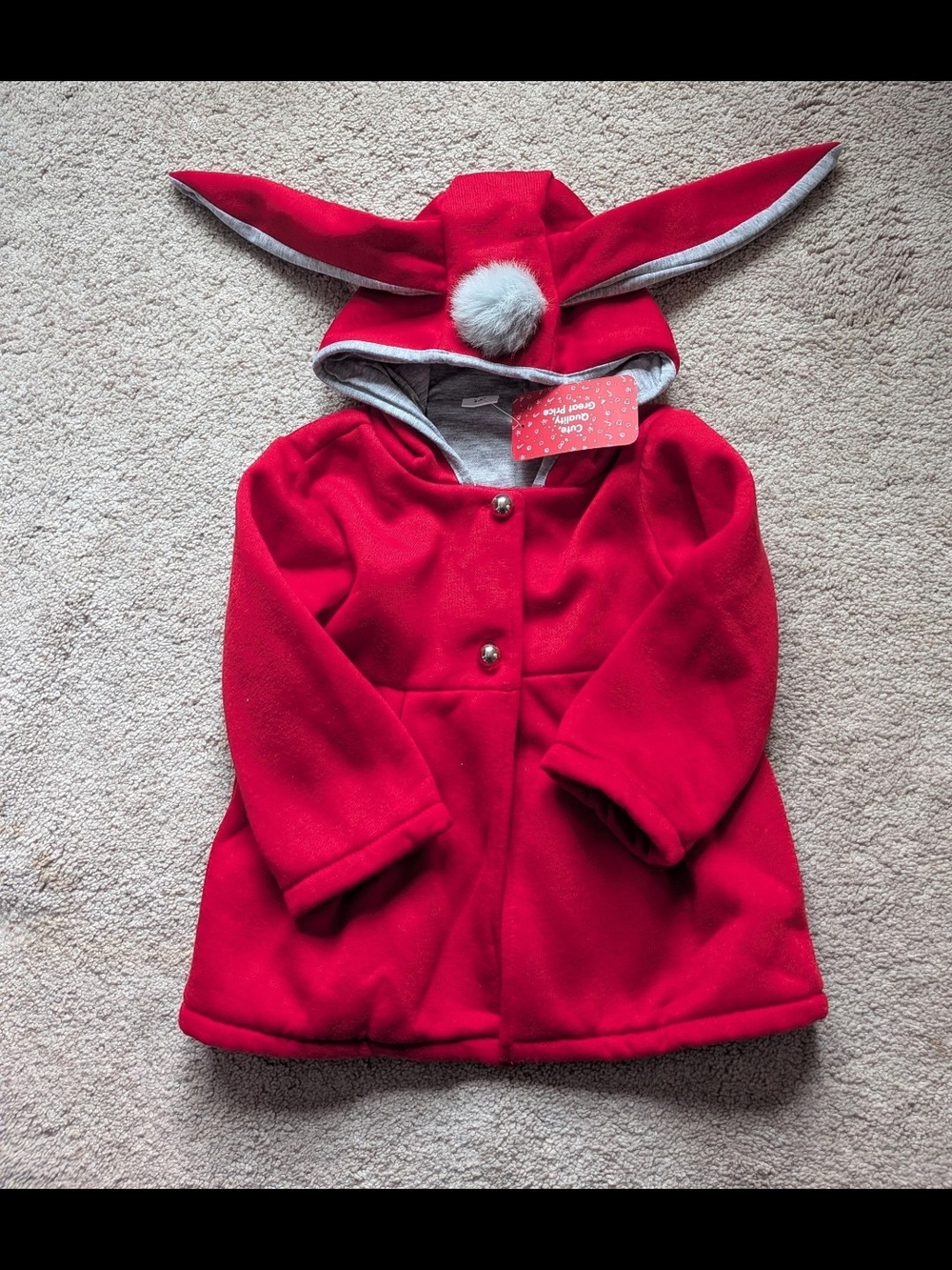 PatPat Red Bunny-Ear Hooded Coat with Pom Pom